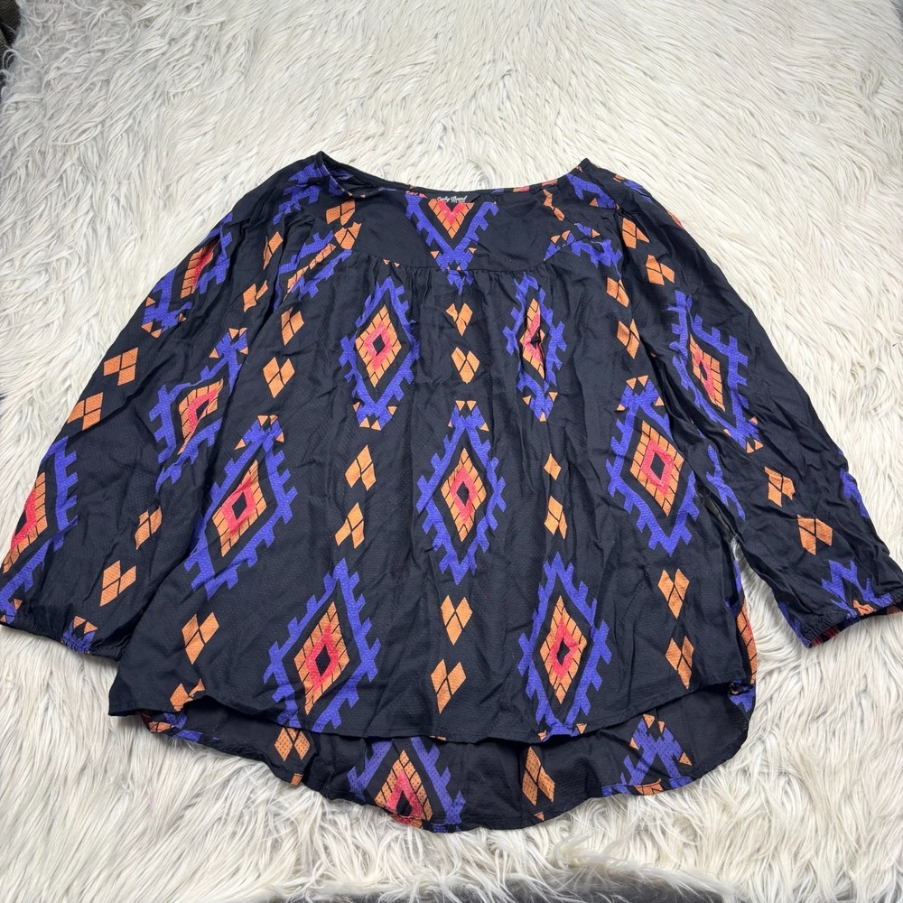 Lucky Brand Women's M Geometric Peasant Blouse Black Boho Artsy Western